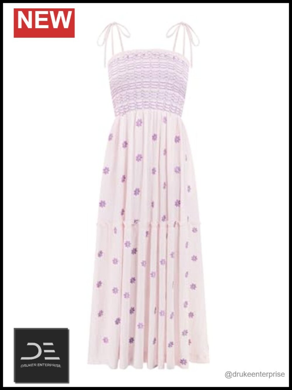 Floral Embroidered Cotton Smocked Midi Dress Sleeveless A-Line